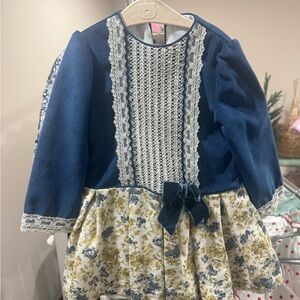 Elegant Blue and Floral Dress with Lace Details